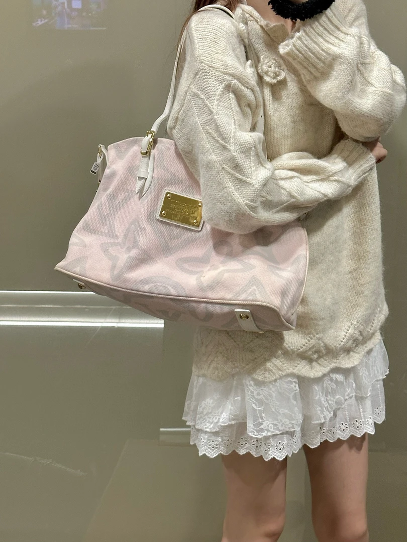 95新 LouisVuitton/路易威登 lv 粉色帆布tote单肩包(K)