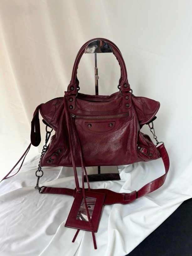 95新 Balenciaga/巴黎世家 巴黎世家 酒红色机车大号单肩包