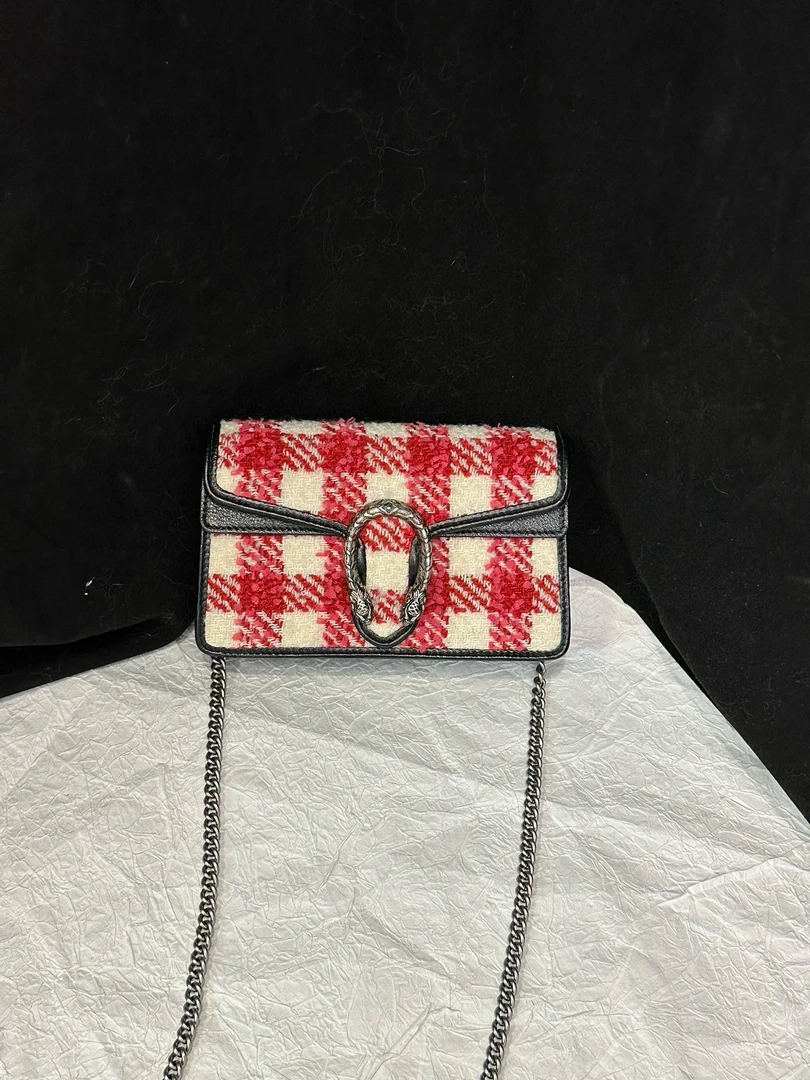 95新 GUCCI/古驰 Gucci 毛呢格子mini酒神斜挎包（K）