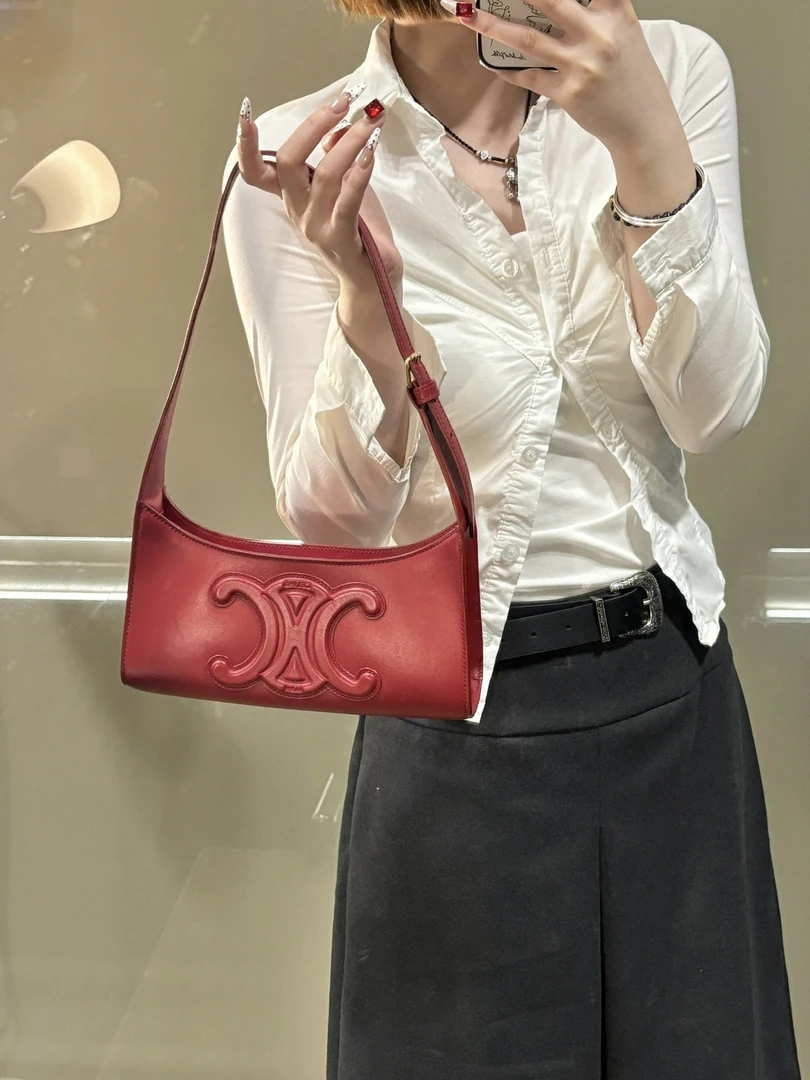 95新 Celine/思琳 celine 酒红色凯旋门单肩包(K)