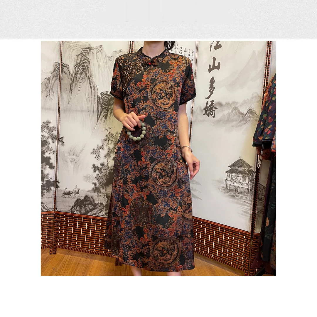 242  新款新中式风收腰女士法式显瘦气质印花连衣裙