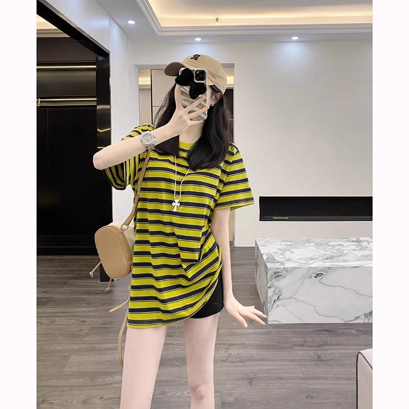 长款黄色条纹短袖女t恤夏季2024新款TWE宽松大版洋气中长款遮屁股