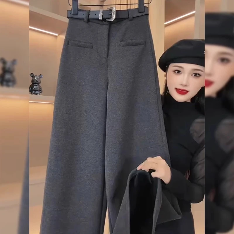 灰色加绒阔腿裤子女秋冬季加厚2024新款fmar高腰宽松拖地休闲长裤
