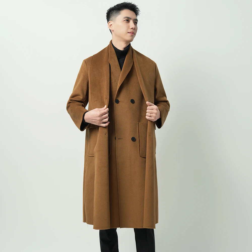 男士韩版假两件叠穿毛呢外套高级感中长款气质简约显瘦呢子大衣男