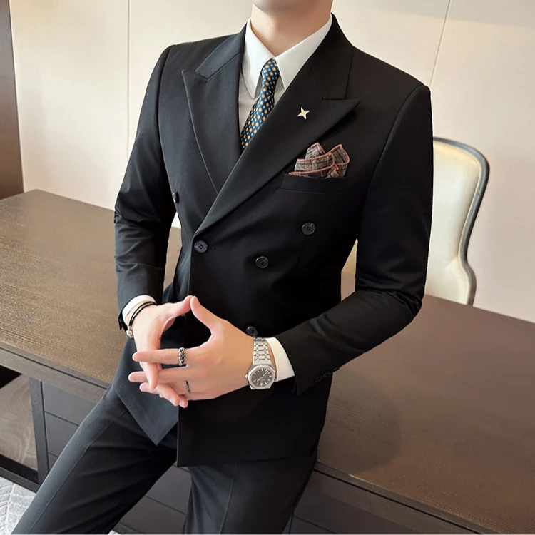 西装外套男潮流职业婚礼西服帅气双排扣商务修身成人礼服套装男士