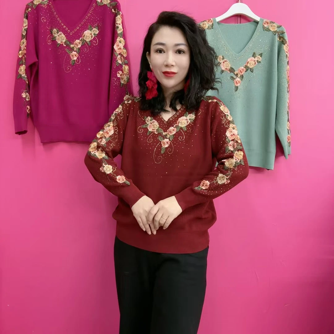 重工刺绣烫钻焦麻针织衫5087