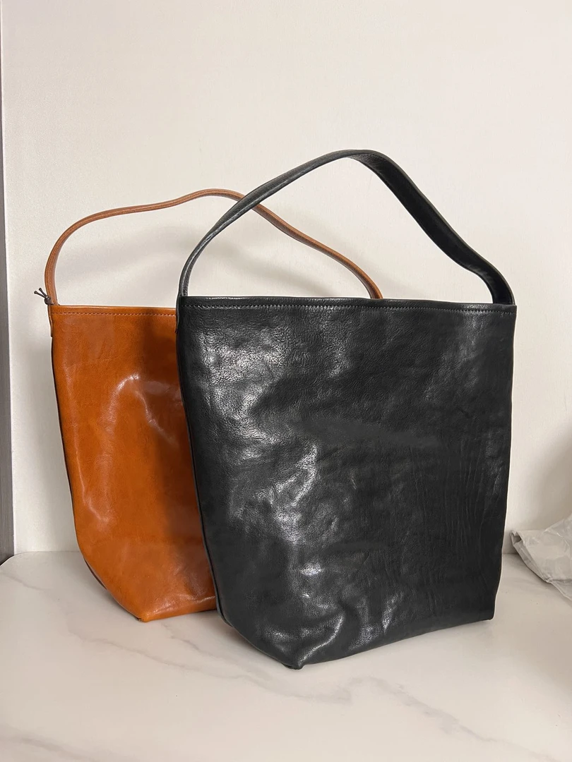 植鞣头层牛皮手工包休闲黑色大水桶单肩包包大容量