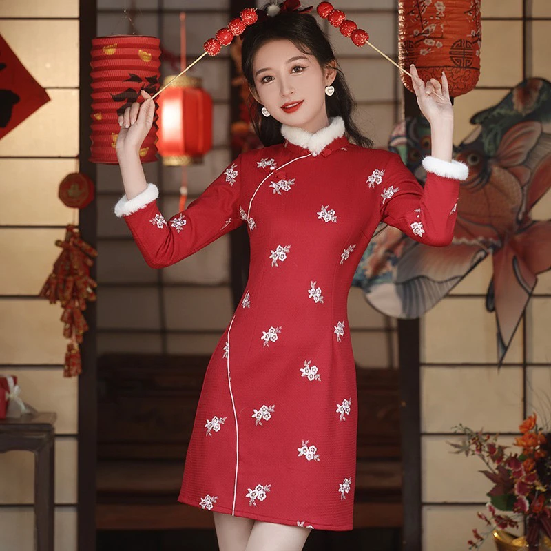 V-2199 红菓 瑾禾绒 冬款加绒加厚年轻款改良旗袍95cm短款
