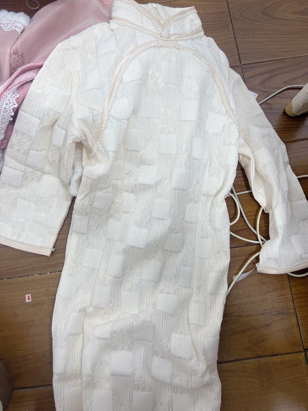 V-2208 阑珊 植绒蕾丝 春秋款加厚年轻款改良旗袍110cm长款