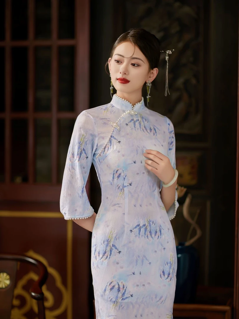 W-1957 云之栖 竹*麻 春款 倒大袖钉珠 年轻款改良旗袍115cm长款