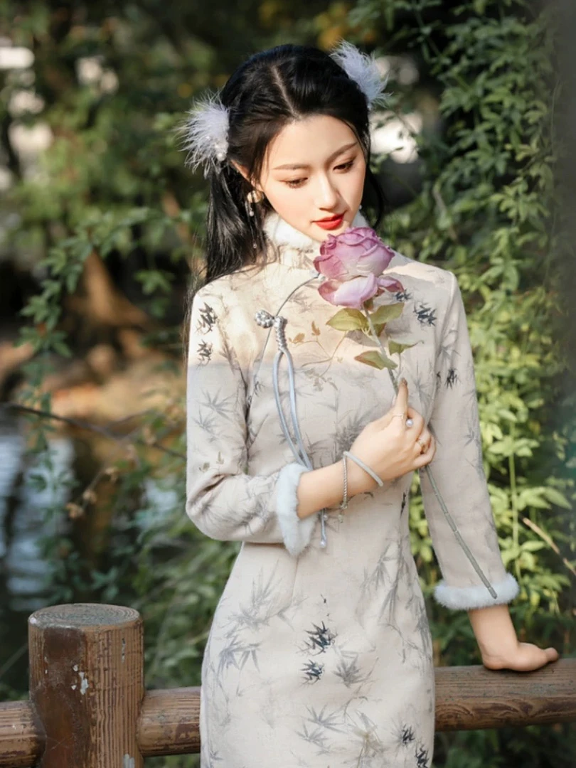 W-2031 竹枝词 奥绒 流苏扣 冬款加厚年轻款改良旗袍120cm长款