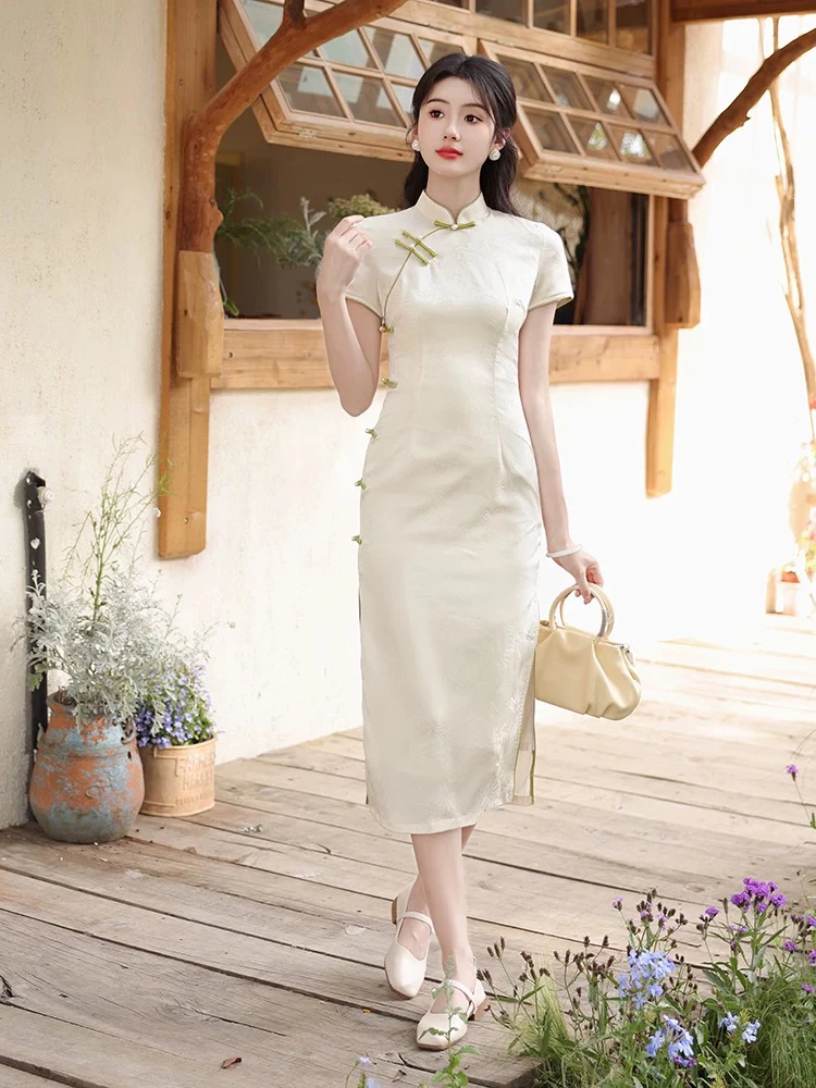 V-1680 清絮雨 锦*缎提花双层侧八扣夏款年轻款改良旗袍115cm长款