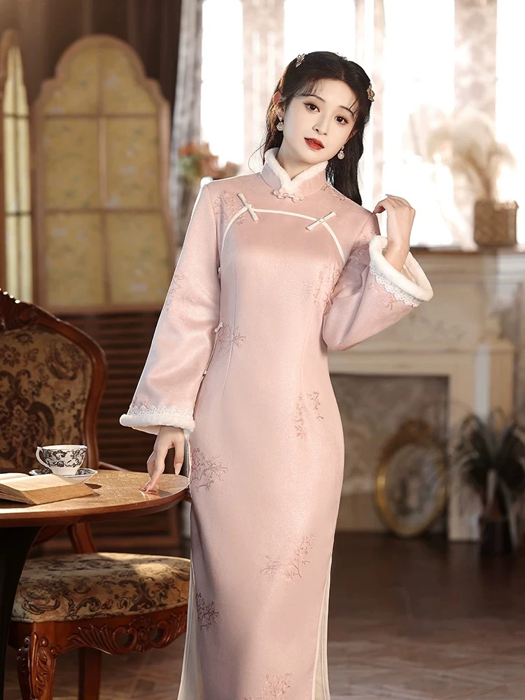 V-2212 千叶莲 雪花绒 冬款加绒加厚年轻款改良旗袍120cm长款