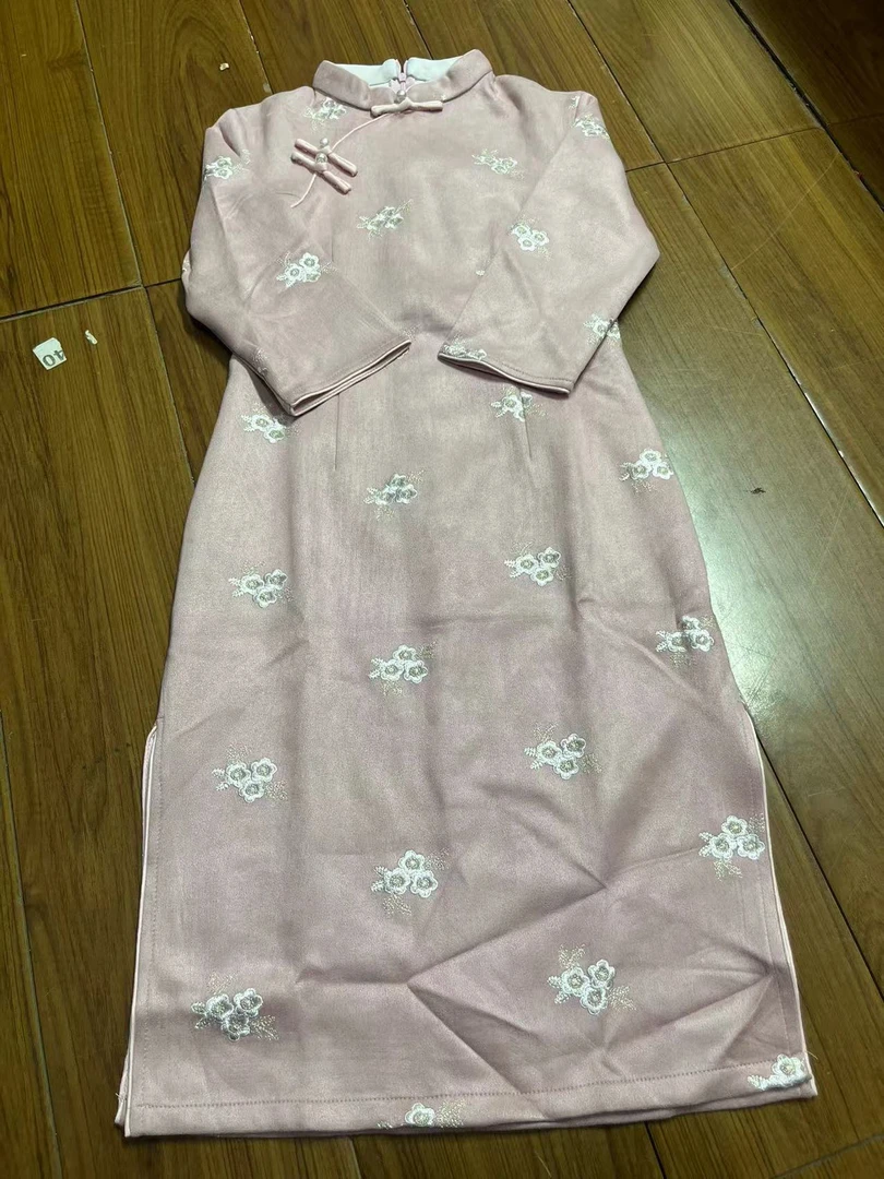 V-1978 花香染秋 雪花绒 秋款 粉梅花 年轻款改良旗袍110cm长款