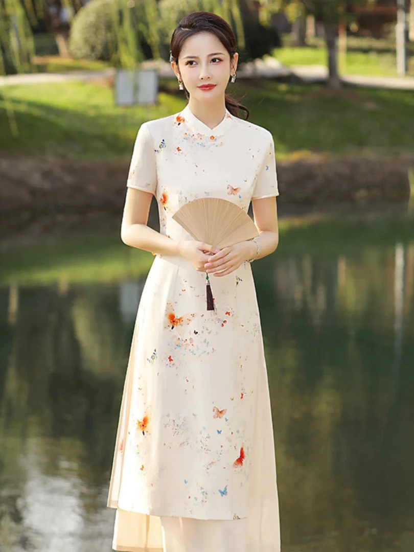 W-1832 腮红 玲珑麻 奥黛 双层 夏年轻款改良旗袍115cm长款