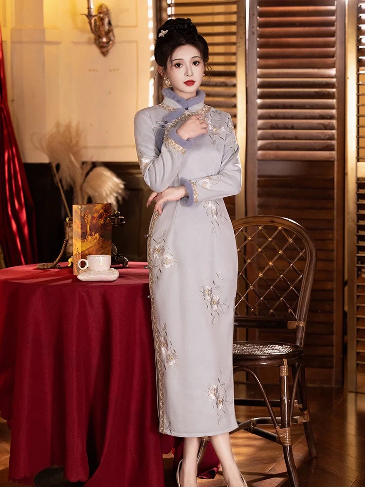 V-2189 碧蓝 雪花绒 冬款加绒加厚年轻款改良旗袍120cm长款