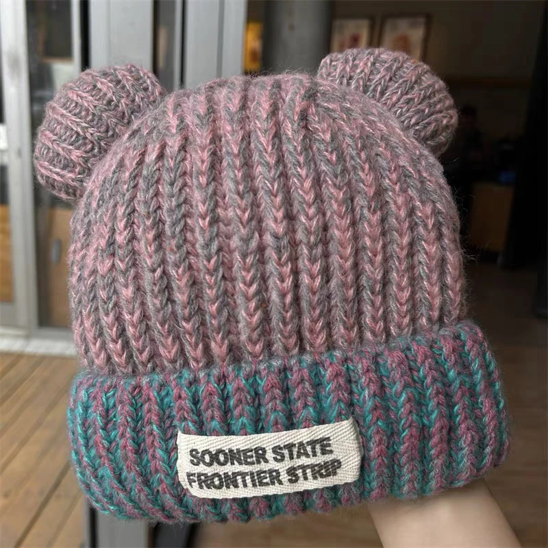 拼色小熊耳朵帽子男女甜美可爱针织毛线帽冬季加厚保暖护耳套头帽