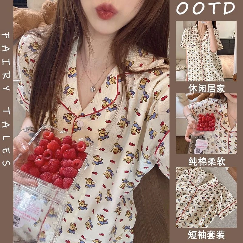 韩版ins夏季睡衣女薄款短袖短裤套装宽松透气甜美可爱休闲家居服