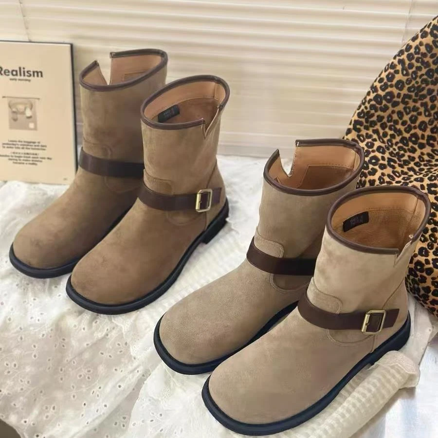 马丁靴女厚底西部牛仔靴复古粗跟机车短靴堆堆靴子新款68-977