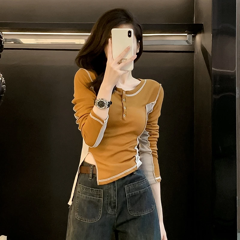 不规则长袖T恤女洋气时尚设计感拼接上衣春百搭显瘦小众内搭外穿