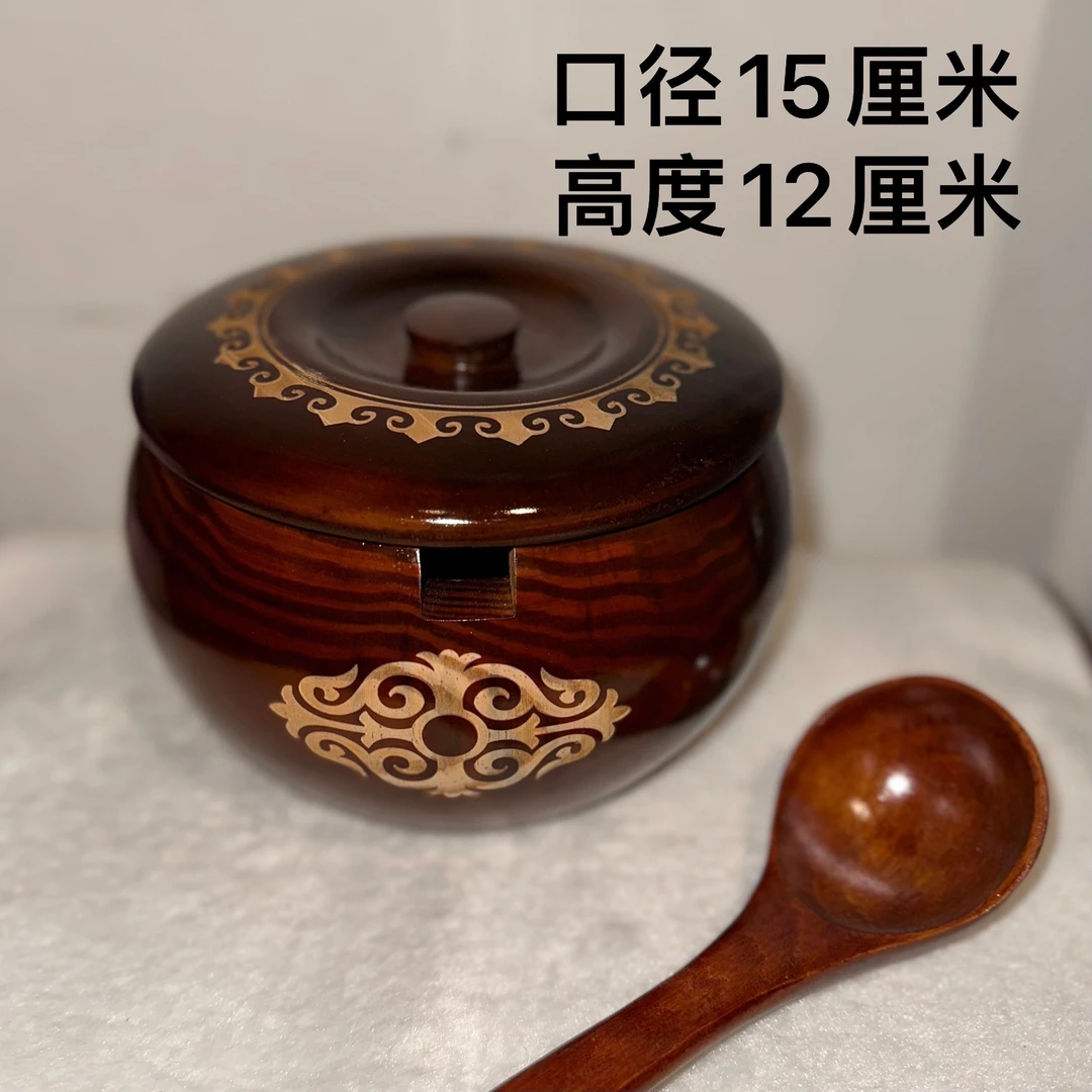 实木一体带盖炒米碗 手工刻花木碗 内蒙古家用白糖奶渣酥油收纳盒