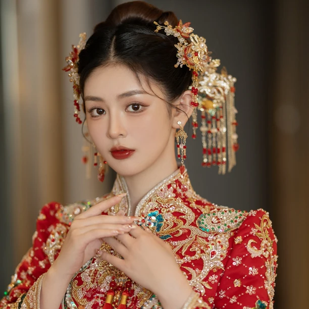 非金属仿珍珠婚庆饰品 新款红色古装新娘饰品X810