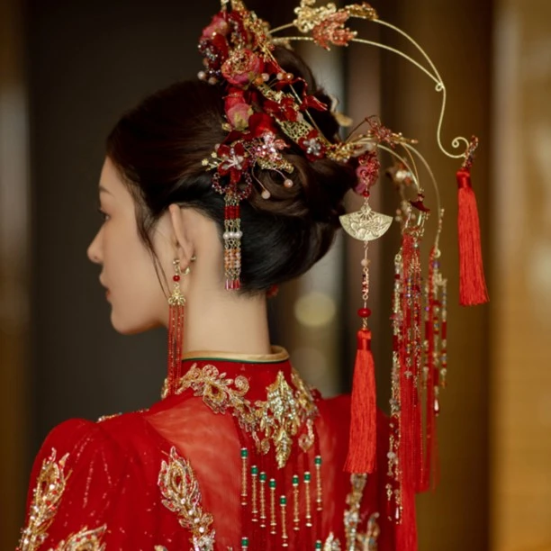 合金仿珍珠婚庆饰品 新款新娘结婚头饰红色精美古装饰品X725