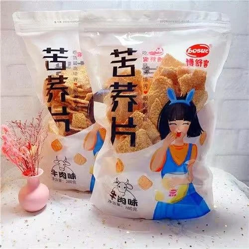 博舒客苦荞片牛肉味荞麦锅巴油炸膨化食品薯片休闲小零食邮笋0g