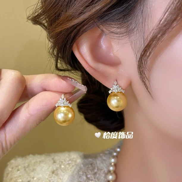 铜合金合成锆石耳饰 奢华优雅贵气轻奢皇冠公主珠珠耳钉