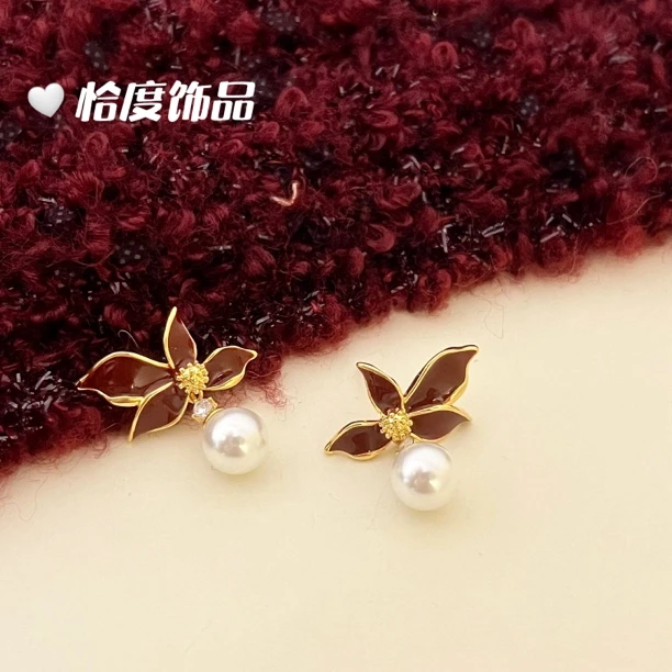 秋冬氛围感枫叶珠珠耳钉气质百搭