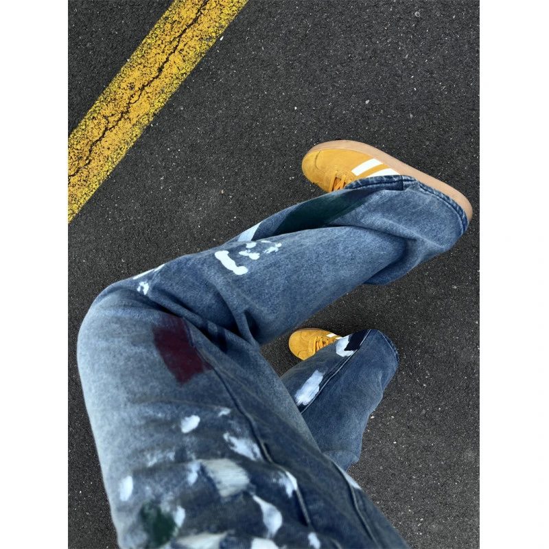 小众街头涂鸦撞色直筒牛仔裤男夏季潮牌阔腿拖地长裤痞帅休闲裤子