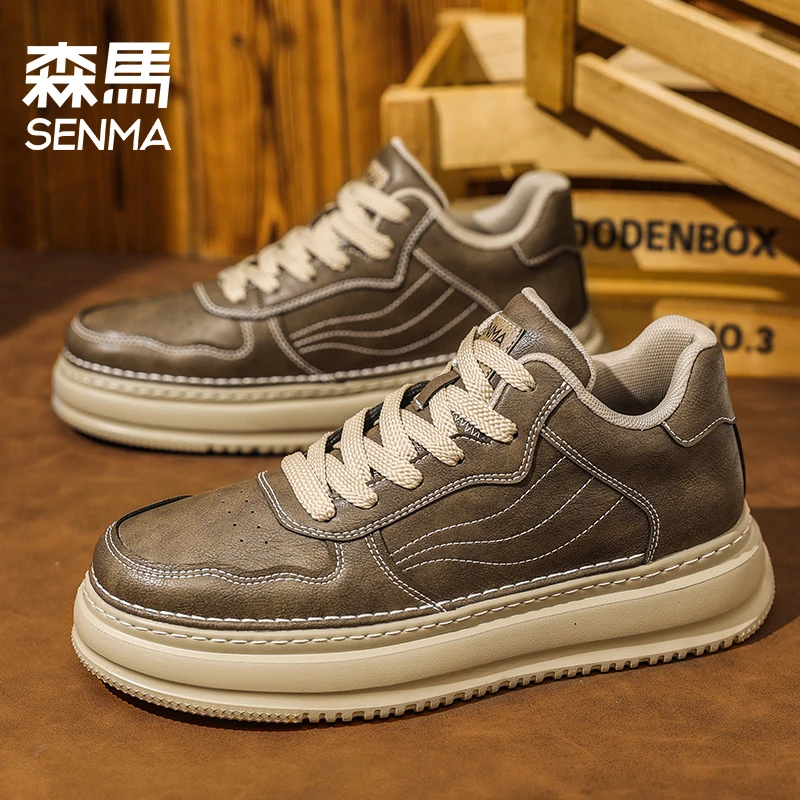 森马男鞋秋季皮面防水低帮男士商务上班休闲鞋厚底舒适复古板鞋男