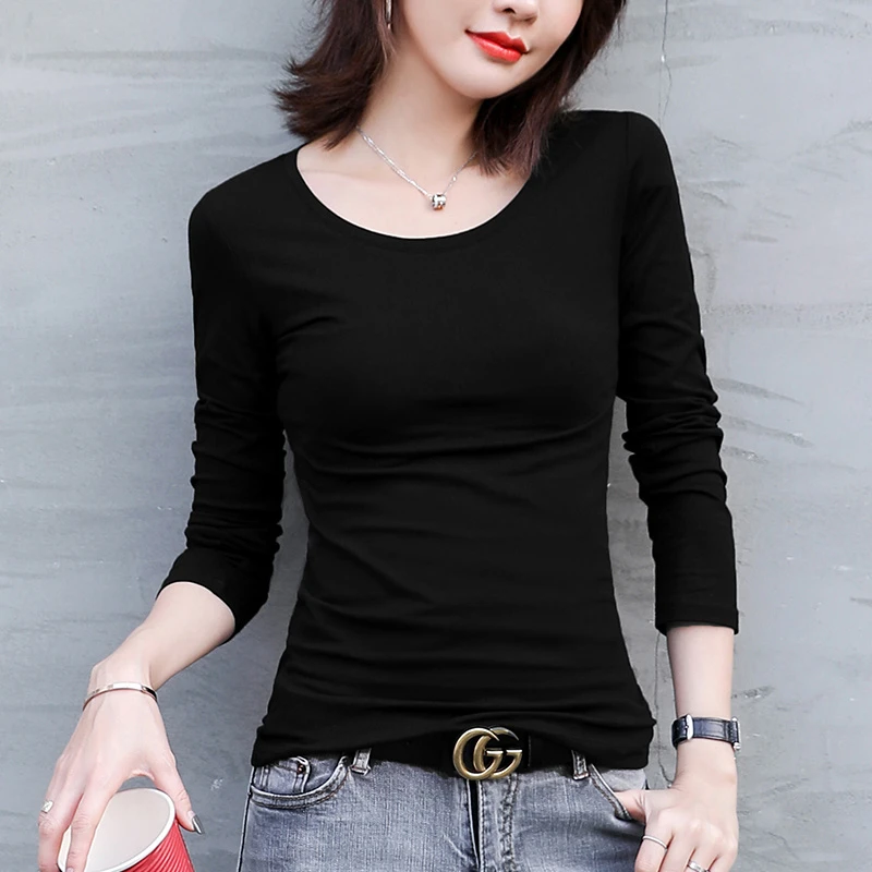 黑色t恤女长袖打底衫女2025年春秋季新款棉上衣修身韩版百搭潮