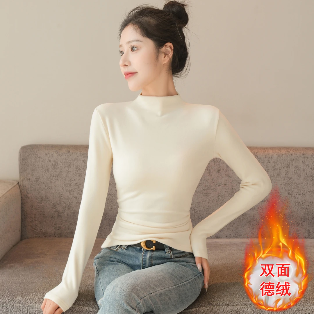 杏色德绒半高领打底衫女内搭2025新款紧身加绒加厚秋冬洋气上衣潮
