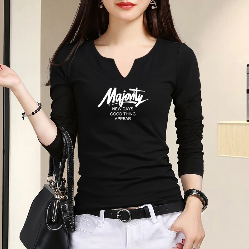 黑色长袖T恤女修身小V领上衣女2025年新款打底衫女士内搭时尚韩版