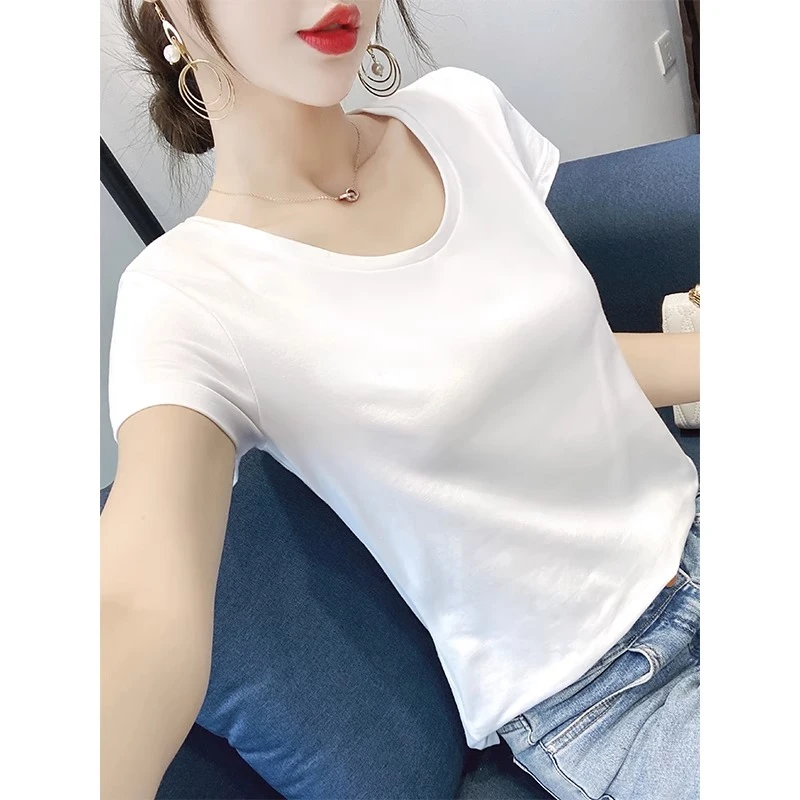棉白色t恤女短袖修身春夏季2025年新款打底衫内搭半袖纯色上衣