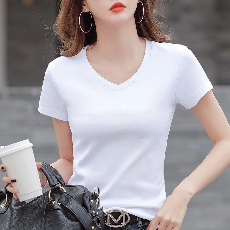 2025夏季白色t恤女士短袖V领黑色纯色紧身鸡心领棉打底衫上衣服