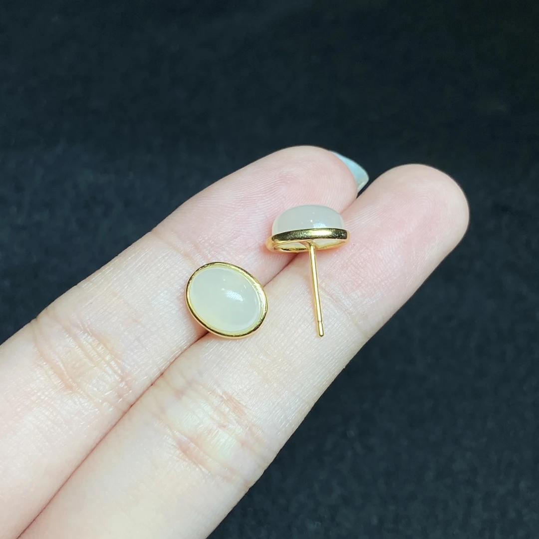 【小北好物】S925银和田玉蛋面耳钉 2QH190X73【约6*8mm】