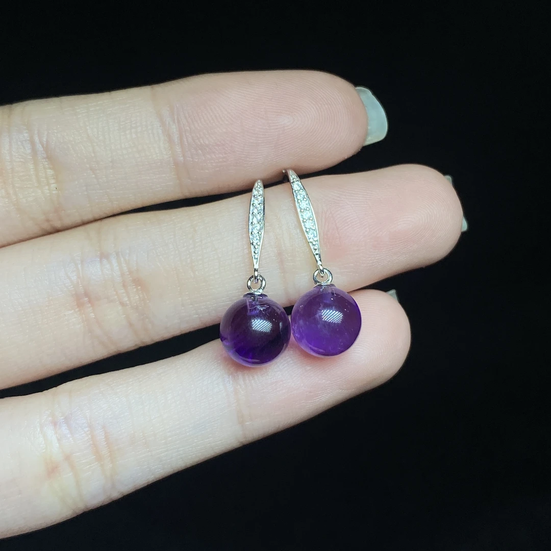 【小北好物】S925银镶嵌紫水晶圆珠耳钩26-16QL15X255【尺寸约8mm】