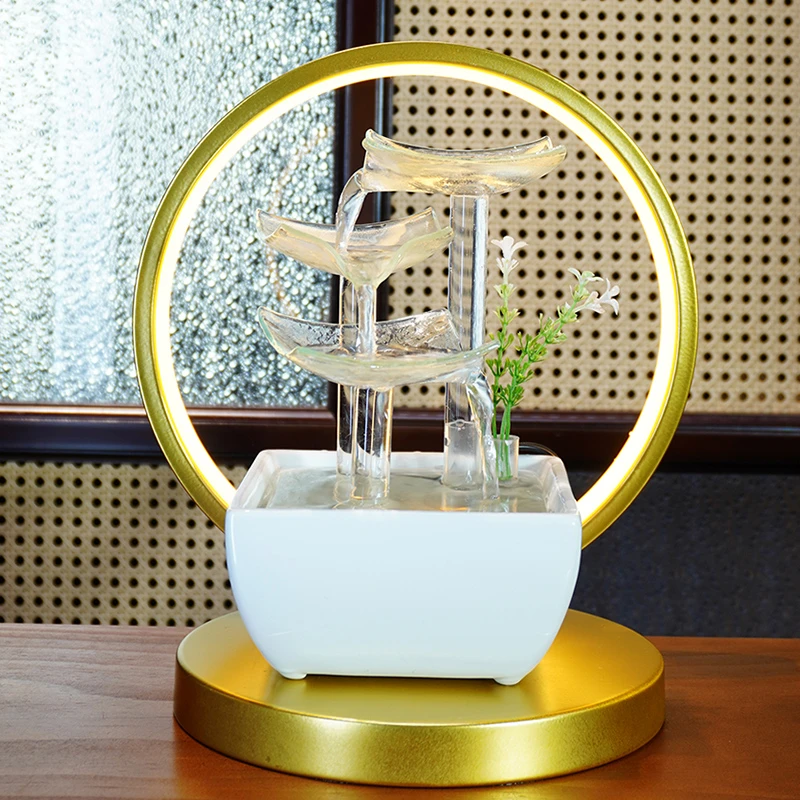 步步高升玻璃陶瓷盆流水生财摆件循环流水客厅办公室桌面装饰水景