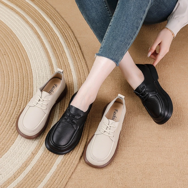 秋冬新款真皮女鞋舒适复古百搭女士休闲鞋妈妈鞋防滑中跟粗跟女鞋