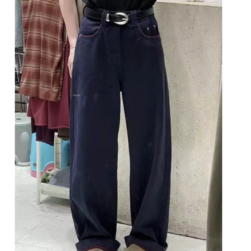 85069   秋季新款咖色皮带深蓝色宽松显瘦直筒窄版阔腿裤牛仔裤