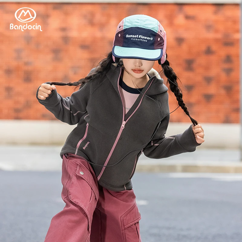 BANDOCIN/半度闲德绒针织连帽衫女童户外运动防风保暖秋冬季外套