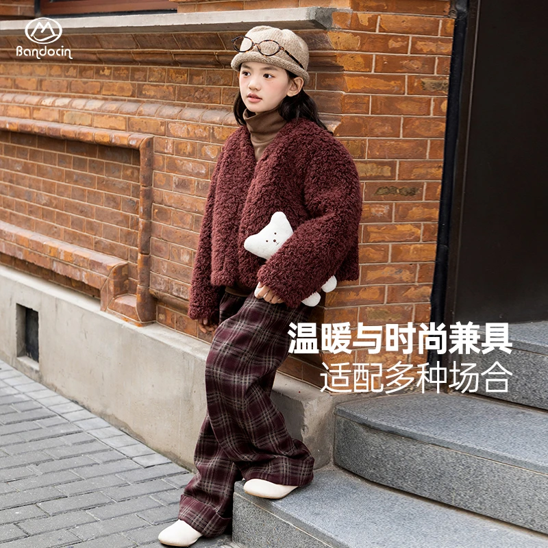 BANDOCIN/半度闲女童毛毛衣套装冬季洋气时尚仿皮草潮复古三件套