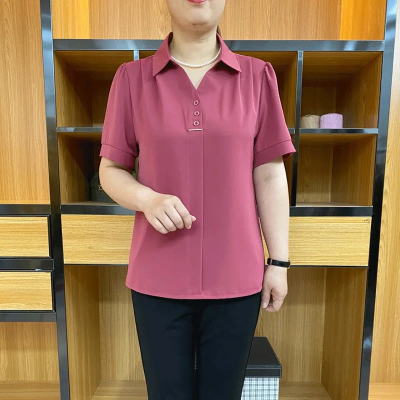 夏季新款中年妈妈装T恤衫女时尚翻领纯色宽松遮肚显瘦套头小衫女