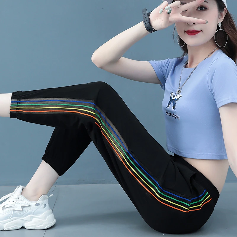 速干彩带冰丝裤女2024新款时尚束脚裤夏透气弹力哈伦裤女九分长裤