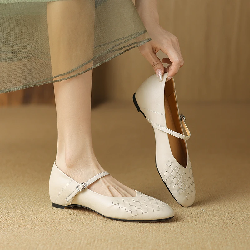 编织内增高浅口单鞋一字带软底软面复古玛丽珍中式41真皮坡跟7803