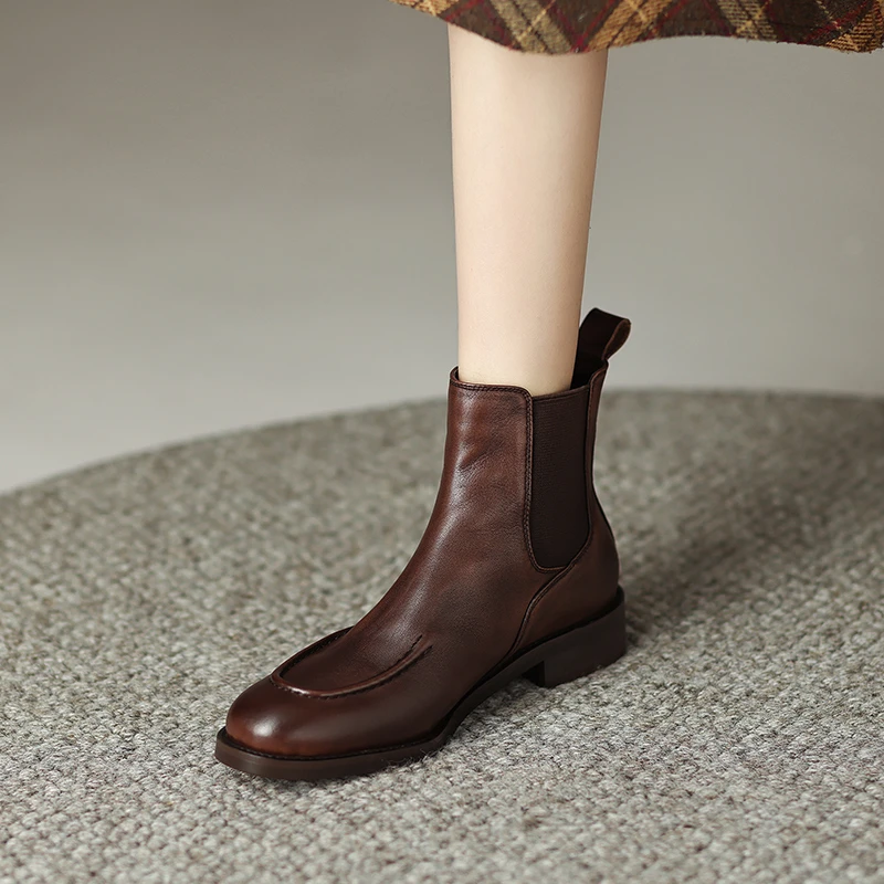 七棠2022年秋冬新款手工小众短靴粗跟黑色靴子真皮百搭方头牛皮08