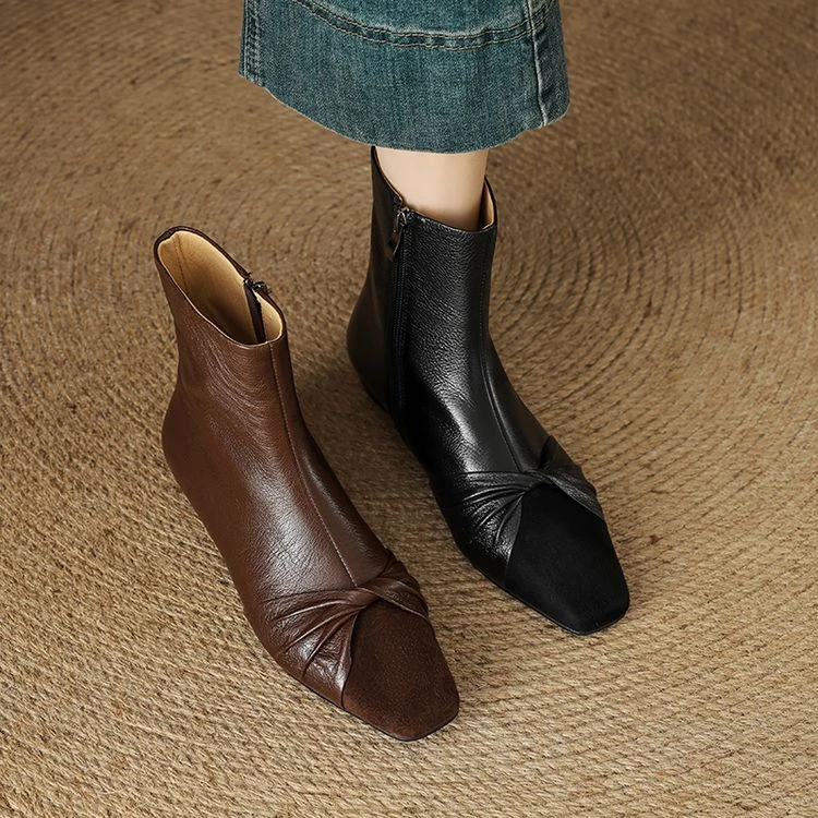 复古方头粗跟瘦瘦短靴子平底秋冬百搭真皮靴里外全皮短筒女靴春秋