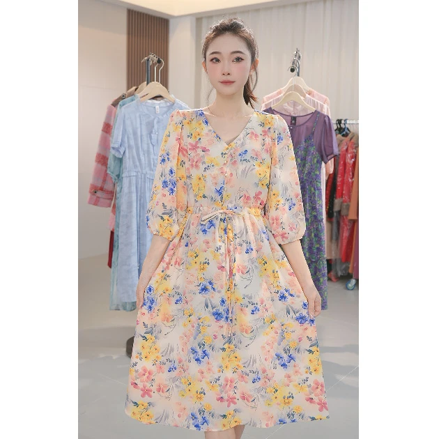 2024新款气质显瘦连衣裙女收腰中长款碎花裙子C2516